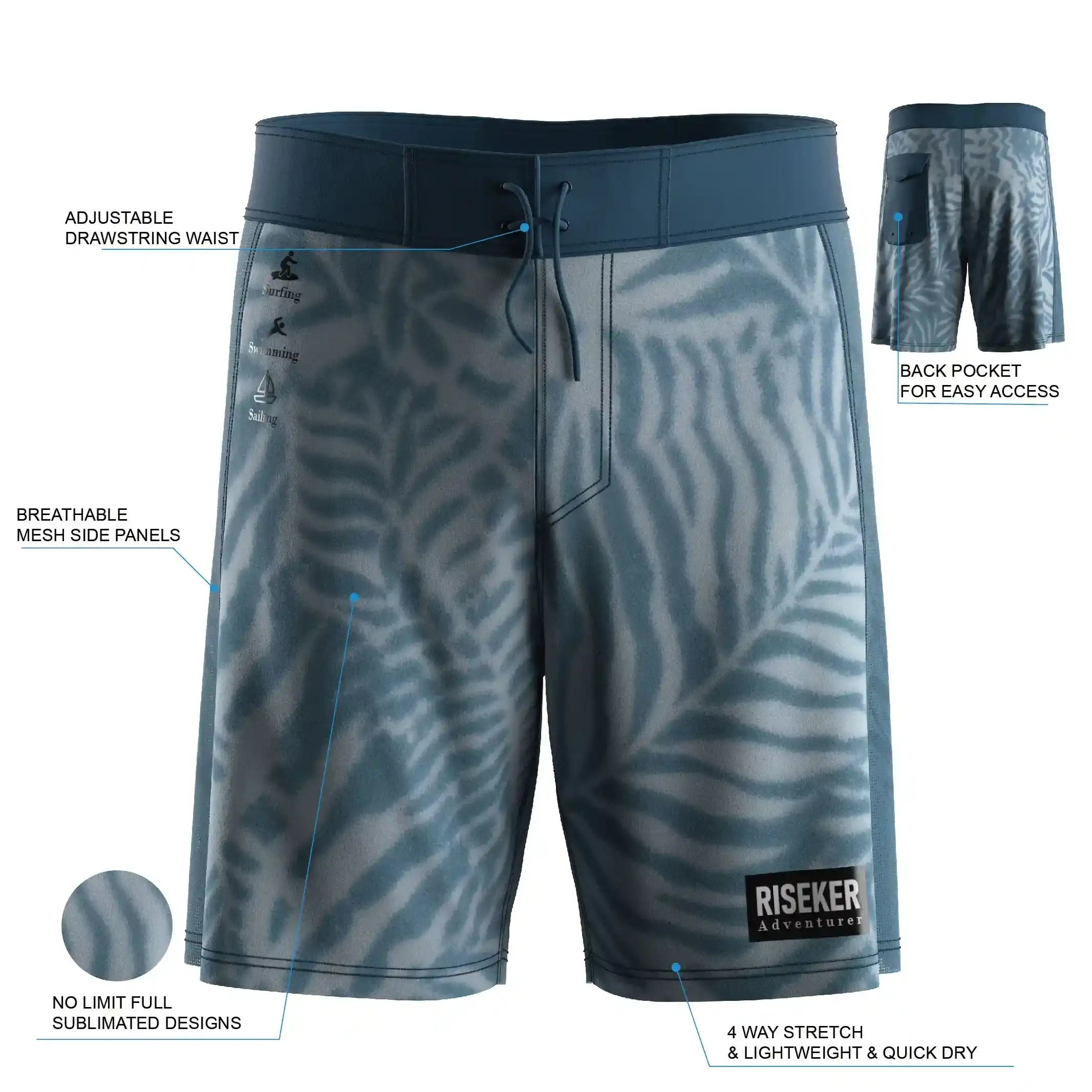 The Features of Men's Drawstring Board Shorts with Non-Elastic Waist and Side Mesh Panels